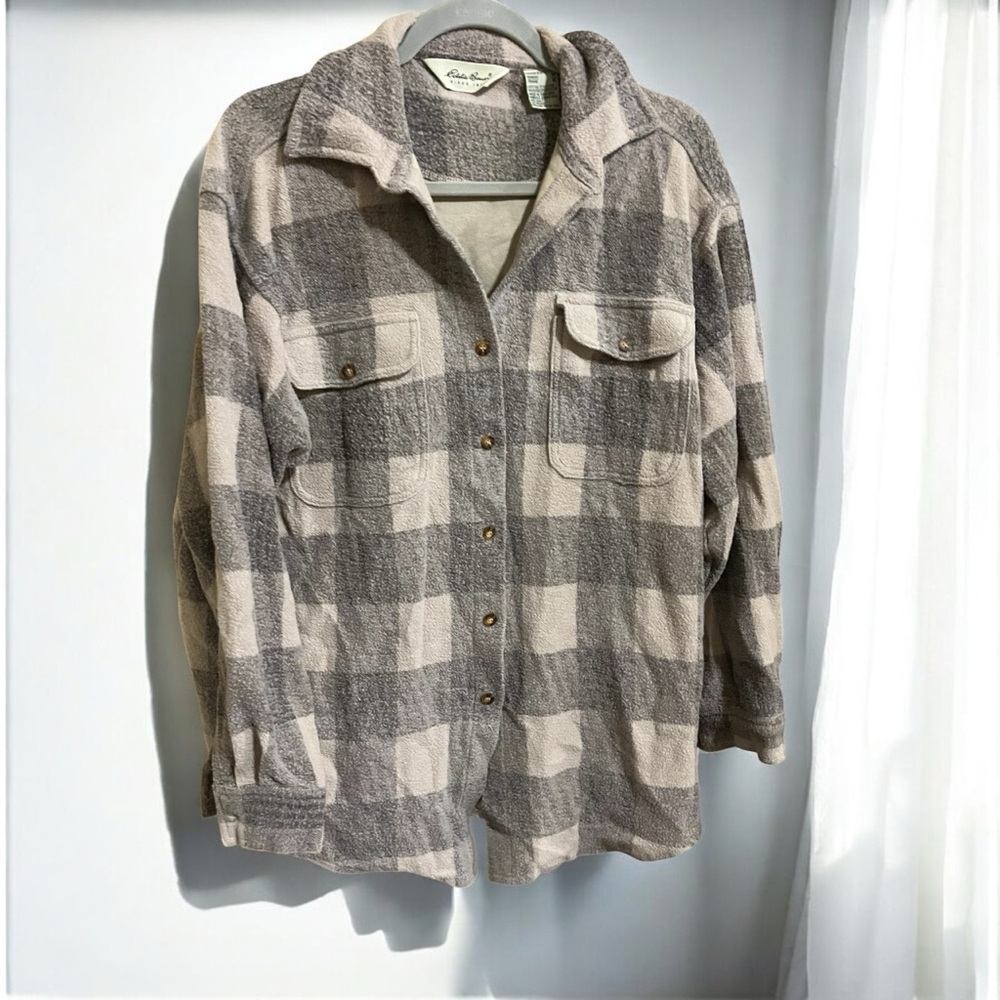 VTG Eddie Bauer Women’s Tan Plaid Flannel Button Up Shirt Shacket Medium